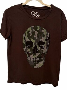 Chaser Camo Skull Graphic Tee Brown Short Sleeve Shirt Size Small